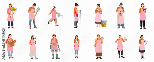 Vector set of female florists and gardeners working with flowers, bouquets, and gardening tools in various poses, isolated on white.