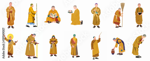 Collection of Buddhist monks in traditional robes demonstrating spiritual practices, daily tasks, and monastic life in vector illustration set.