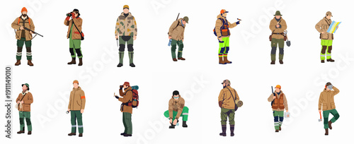 Vector set of men in outdoor gear: hunters, foresters, ecologists, and park rangers with tools like rifles, maps, and binoculars.