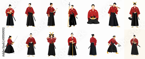 Flat Design Vector Collection of Traditional Japanese Samurai Warriors in Red Kimono and Black Hakama with Swords and Weapons.
