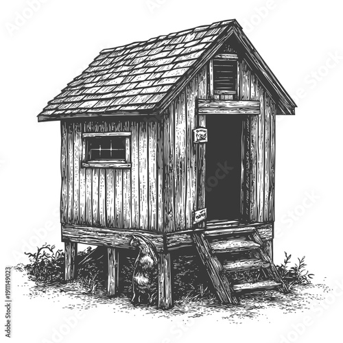 Small wooden cabin elevated on stilts with steps and small windows