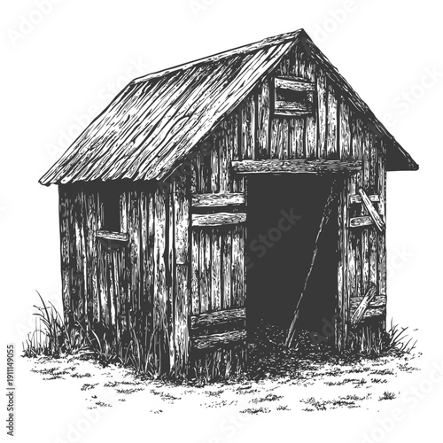 A detailed black and white illustration of an old wooden shed