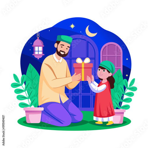 Flat illustration showing a father giving gift to his daughter