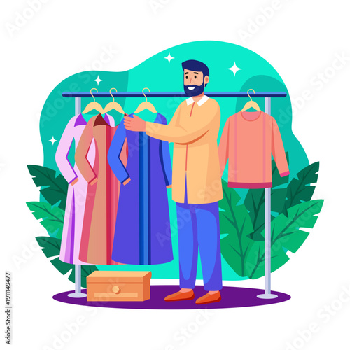 Flat illustration showing a man choosing clothes in a shop