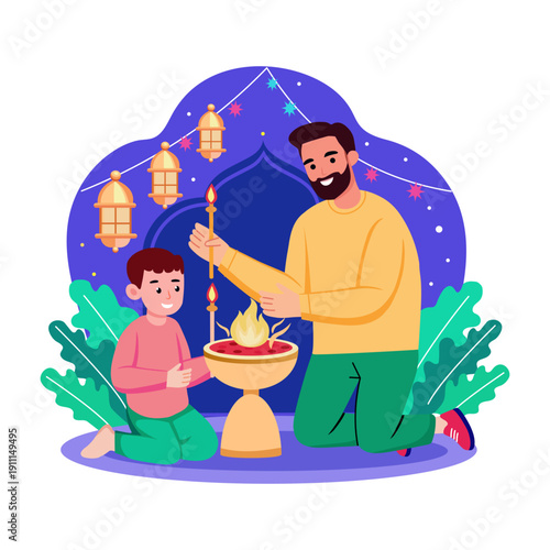 Father son decorating house illustration in flat style