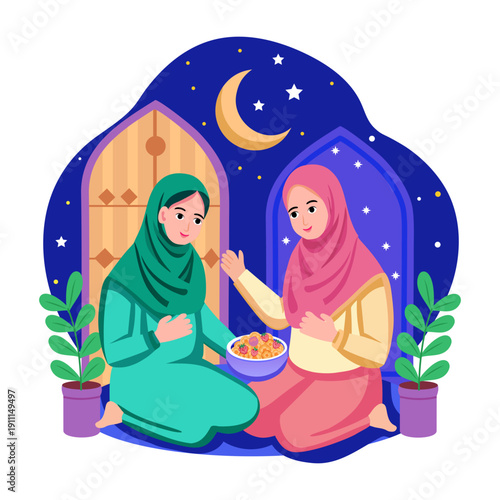 A flat illustration showing two females gossiping with each other