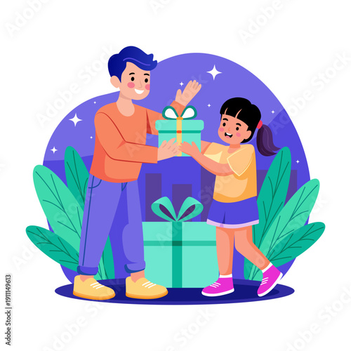 Flat illustration showing a father giving surprise to his daughter