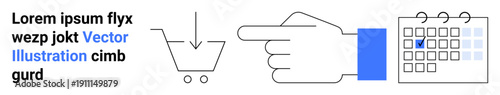 E-commerce, online shopping, scheduling, task management, retail planning, digital organization. Shopping cart, hand gesture calendar with marked date. E-commerce and scheduling tools concept