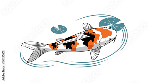 Colorful koi fish illustration on white background with water lilies