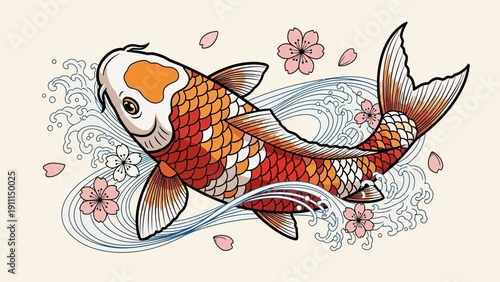 Colorful koi fish illustration with cherry blossoms and water waves