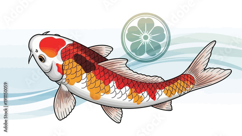 Colorful koi fish illustration with japanese floral design element