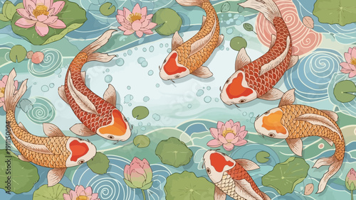 Colorful koi fish swimming amongst lily pads in tranquil water