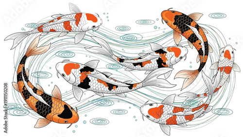 Colorful koi fish swimming in circles against a white background