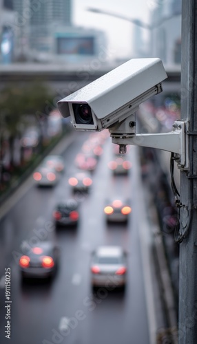 Surveillance Camera Overlooking Urban Road with Blurred Traffic Below