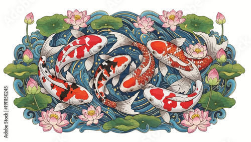 Colorful koi fish swimming in lotus pond illustration artwork design