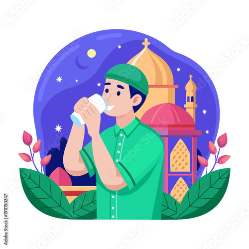 Flat style illustration of a character dinking water