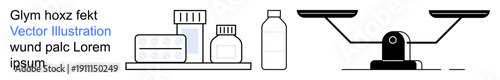 Healthcare, pharmacy, medication, balance, measurement, comparison. Illustration shows a collection of medicine containers and a balance scale. Healthcare and pharmacy concept