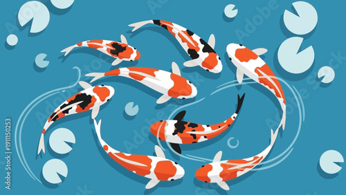 Colorful koi fish swimming in pond among lily pads vector illustration