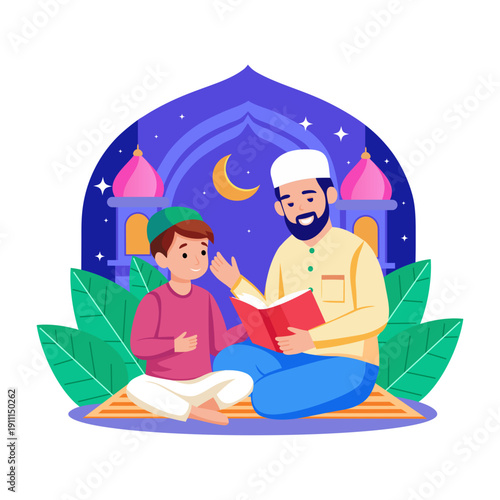 Flat illustration showing a father teaching quran to his son