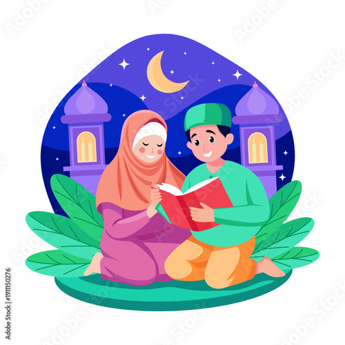 Flat illustration showing a mother teaching quran to her son