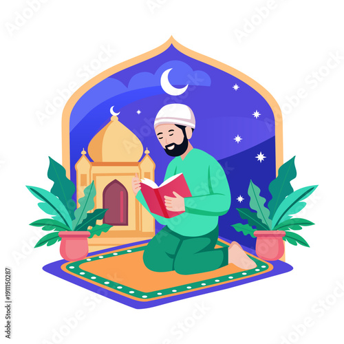 Flat illustration showing a character reciting quran