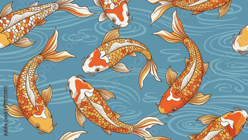 Colorful koi fish swimming in water pattern for background and design