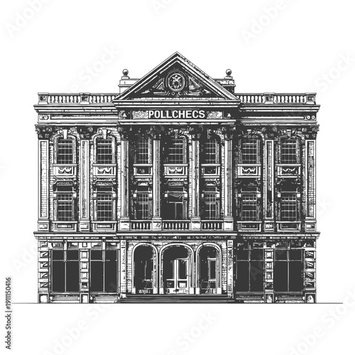 A detailed architectural illustration of a grand multi story building