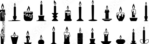 Black and white candle silhouette collection with various wax candle shapes burning flames and holders for cozy home decor mystical ritual and celebration design elements