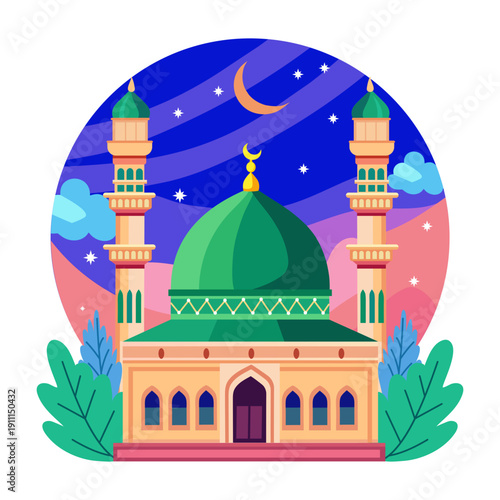 A flat style illustration showing green mosque