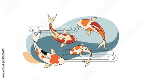 Colorful koi fish swimming in water with abstract decorative elements