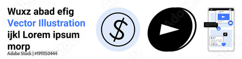 Digital marketing, content monetization, ecommerce, online video, financial apps, mobile user engagement. Dollar sign, play button and a smartphone displaying icons. Digital marketing and content