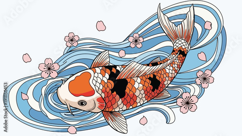Colorful koi fish swimming in water with cherry blossom petals illustration