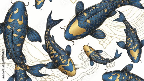 Colorful koi fish swimming in water with lotus flowers artistic illustration