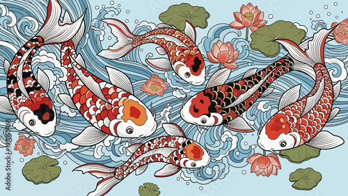 Colorful koi fish swimming in water with lotus flowers illustration