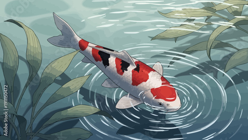 Colorful koi fish swimming in water with reflections and aquatic plants