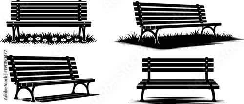 Black and white park bench silhouette collection with wooden slats on grass and flowers for outdoor public furniture landscape garden and relaxation design element
