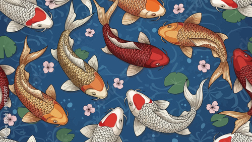 Colorful koi fish swimming on blue water surface with decorative elements