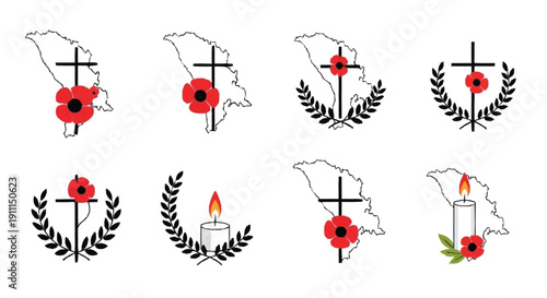 Remembrance poppy symbols with crosses and laurel wreaths candle 1