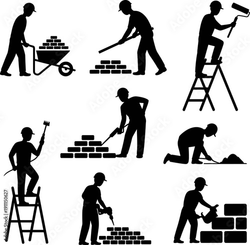 Collection Of Construction Worker Silhouettes Featuring Manual Laborers Laying Bricks Using Drills Painting On Ladders And Pushing Wheelbarrows For Building Industry And Home Renovation Projects