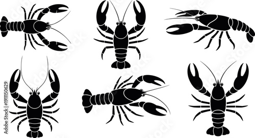 Collection Of Lobster Silhouettes In Various Poses Featuring Top And Side Views For Seafood Restaurant Menus Marine Biology Education And Oceanic Graphic Design Projects