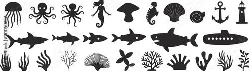 Collection Of Marine Life Silhouettes Featuring Sharks Octopus Jellyfish Mermaid Seahorse Seaweed Coral Shells Submarine Anchor And Lighthouse Icons For Underwater Ocean Themed Graphic Design Projects