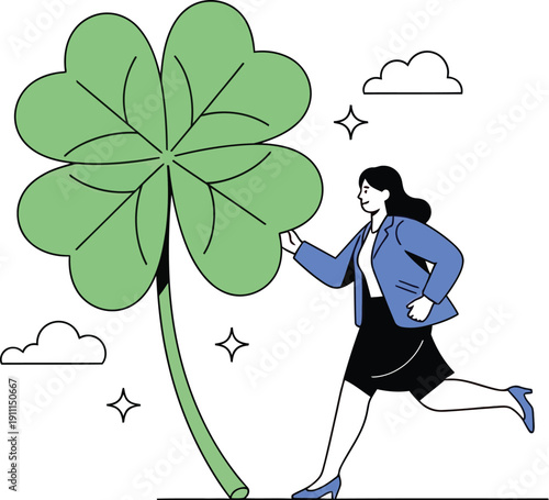 Businesswoman running toward four leaf clover symbolizing good luck