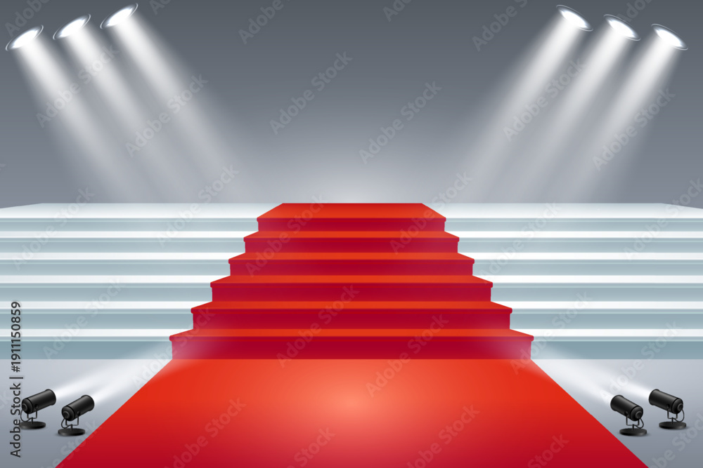 Fototapeta premium Red carpet leading to illuminated stage podium