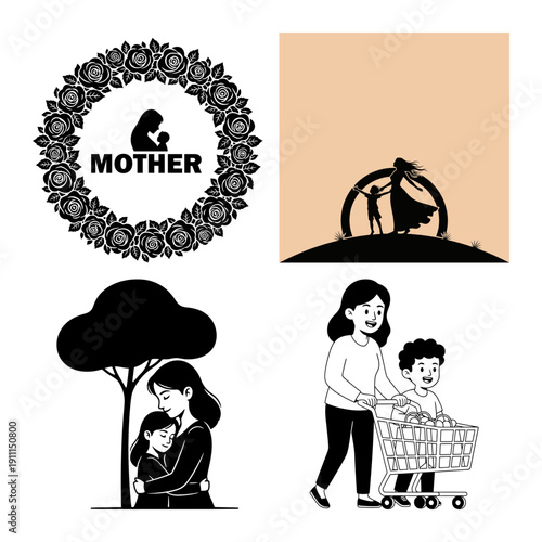 Dia de la Madre bundle with heart mother daughter profile, working mom with laptop and baby, shopping gift bags and feeding child