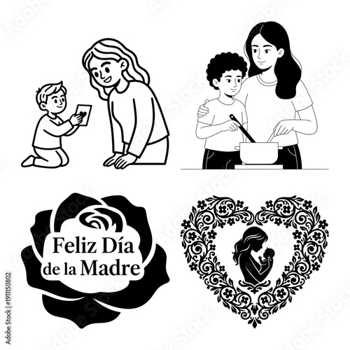 Dia de la Madre motherhood bundle with floral mother profile icon and mom reading book with son