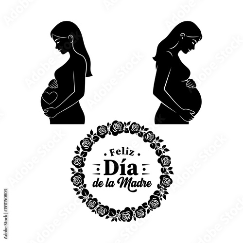 Dia de la Madre bundle with bold Spanish typography, mother child sun silhouette, shopping walk scene and nature mother and baby emblem
