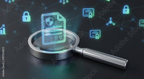 Wallpaper Mural cyber security audit and digital document verification magnifying glass inspecting glowing data encryption icon for privacy compliance information governance and cloud network safety Torontodigital.ca