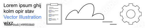 Technology, data management, productivity tools, cloud services, workflow optimization, operations. A cloud symbol, checklist and gear icon in a minimalist design. Data management and productivity