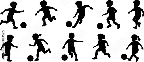 Set of black silhouettes featuring young children playing soccer, running, and kicking balls for youth sports themes, physical education icons, and active lifestyle graphics.