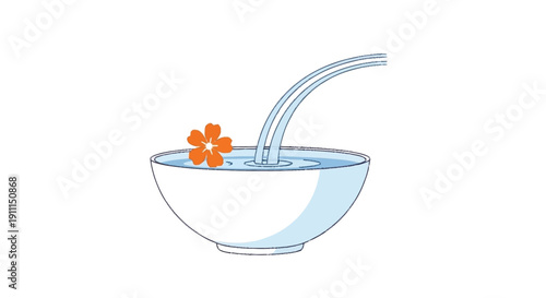 White bowl with blue water orange flower and straw 1